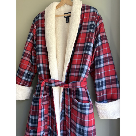 LANDS END Size Large 14-16 Red Plaid Cotton Flannel Sherpa Lined Bath Robe Cozy - Picture 5 of 15